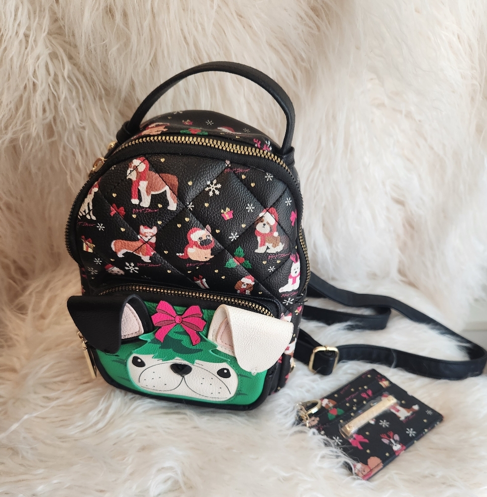 BNWoT Betsey Johnson Christmas Bulldog Mini Backpack and ID Wallet Set
